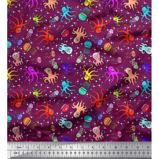 Soimoi Modal Satin Fabric Dot,Octopus & Jellyfish Ocean Fabric Prints by Yard 42 Inch Wide