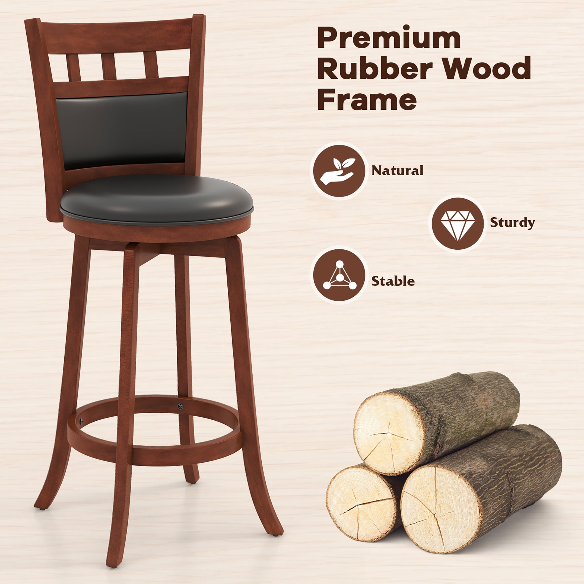Gymax Wood Swivel Bar Stools Set of 4 w/ Faux Leather Upholstered Seat & Back