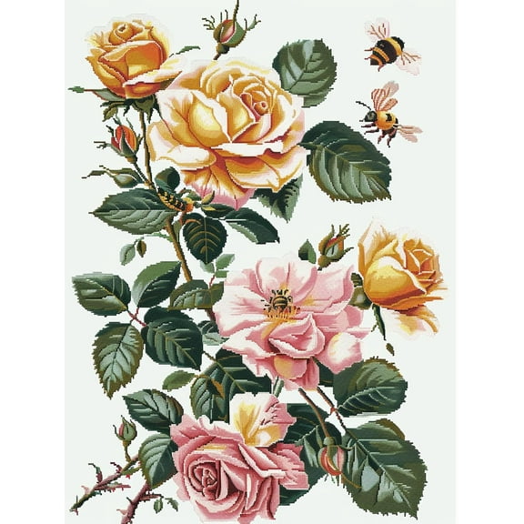 Yellow Roses with Green Leaves DIY 11CT Stamped Cross Stitch Kits for Beginners Easy Needlepoint Embroidery Counted Cross Stitch Art Craft for Wall Decoration 12x16inch(1)