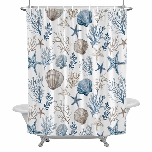 Blue Brown Coastal Bathroom Shower Curtain, Beach Coral Starfish Shell Nautical Waterproof Washable Soft Bath Curtain for Bathtub Decor with 12 Hooks&Grommet, 36x78 Inch
