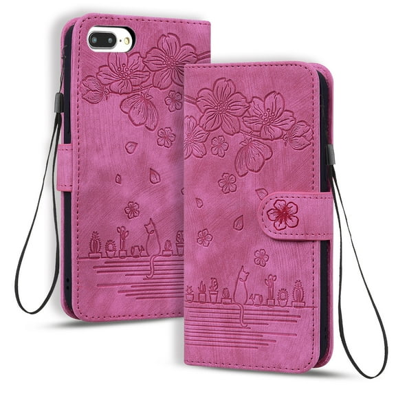 Dteck for iPhone 7 Plus Case, PU Leather Embossed Comic Flip Wallet Case with Cart Slot Hand Strap and Kickstand Shockproof Protective Case for iPhone 7 Plus 5.5" 2016 Women Men, Rose