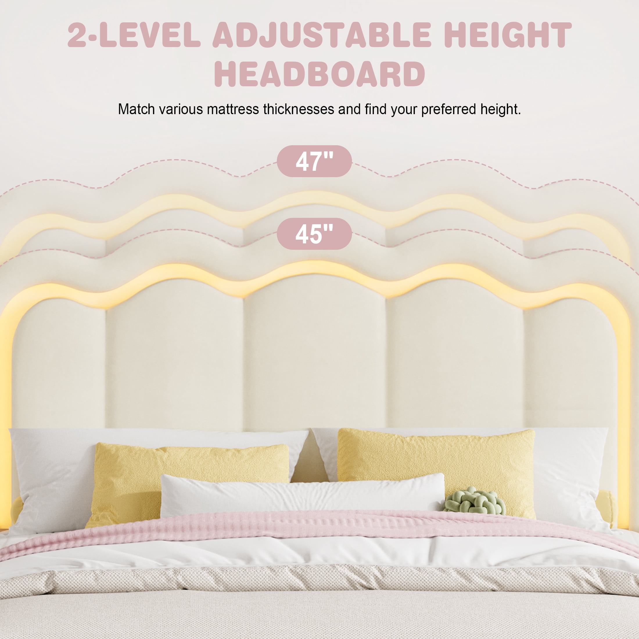 Amolife Queen Size LED Bed Frame with Drawer, Platform Bed with Velvet Upholstered Adjustable Wavy Headboard, Cream