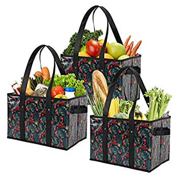 Stain Resistant Reusable Grocery Box Bags . Set of 3 Wicker Print Exterior