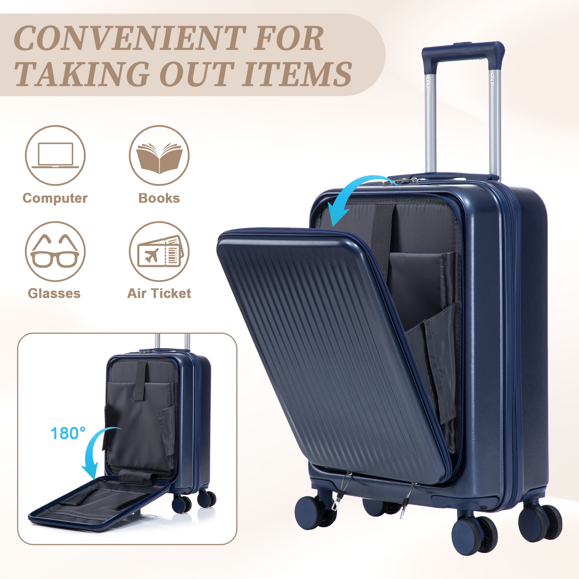 14"/20" 2 pcs/set in ABS Spinner Wheel Luggage, with Combination Lock and Front Opening Design, 14" Cosmetic Case (Navy)