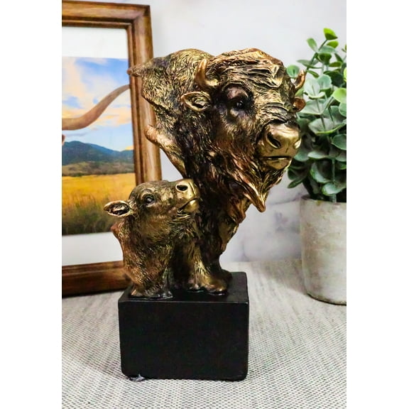 Ebros Gift 6" Tall Wild Bison and Calf Head Bust Figurine with Black Pedestal