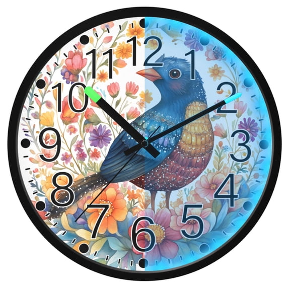 Ryvnso Bird in Flowers 12 Inch Night Light Wall Clock Silent Battery Operated Luminous Clocks