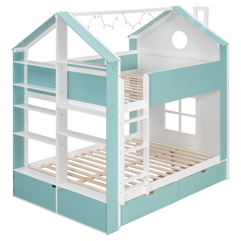 Full Over Full Bunk Bed with Storage Drawers and Shelves, Modern Two-Tone Wood Bunk Bed with LED Light Strip, Safety Guardrails and Ladder, Space-Saving Bed Frame for Kids, Teens