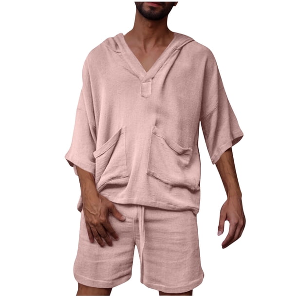 Conjunto de Traje para Hombre, Casual Manga Corta con Capucha, Pantalones Cortos de Bolsillo Conjunto de Color Sólido para Hombres