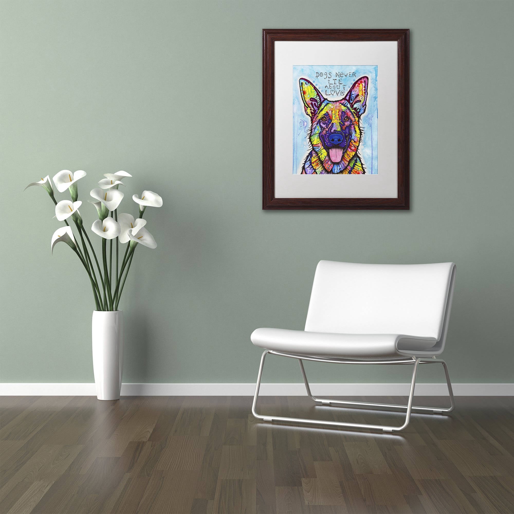 Trademark Fine Art 'Dogs Never Lie' Canvas Art by Dean Russo, White Matte, Wood Frame