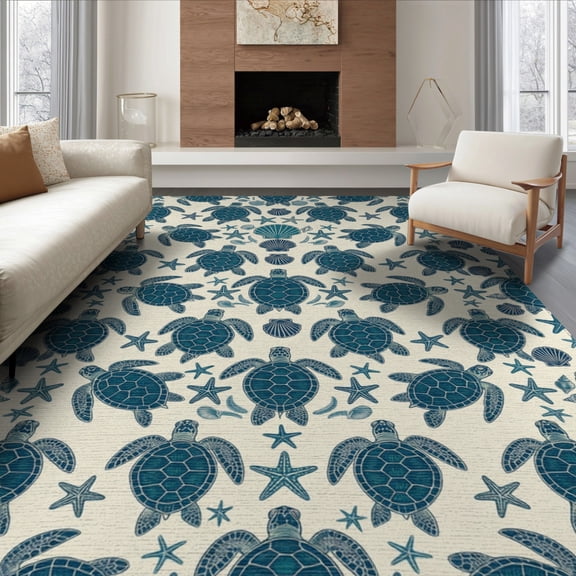ODIKA 8'x10' Washable Area Rug Non-Shedding, Easy Care, Ocean Starfish Border Entry Themed Teal Beachy Nautical Turtle Refined for King Size Bedroom Under Bed, Master Suite