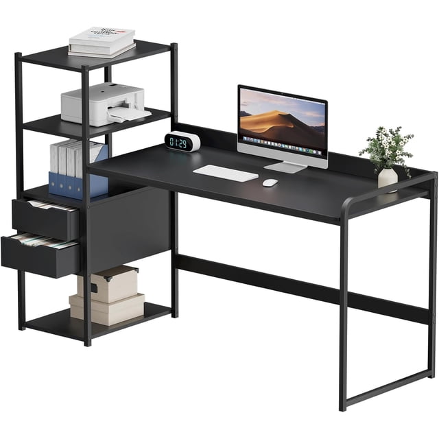 Escritorio Minimalista con Estante de Almacenamiento, Escritorio de Computadora, Escritorio con Repisas, Escritorio Oficina en el Hogar, Escritorio de Madera, Negro