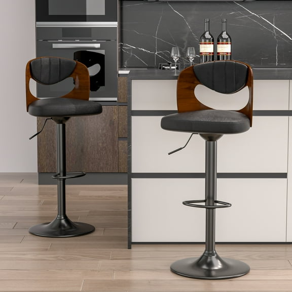 VECELO Bar Stools Set of 2, PU Leather Adjustable Swivel Bar Stool, Counter Height Stool, Black