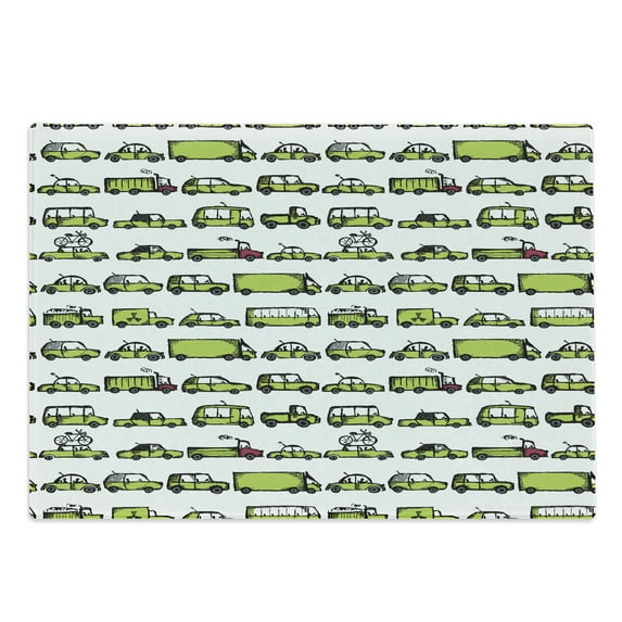 Cars Cutting Board, Number of Cars with Various Jobs Trucks Sedans Buses Traveling Journey Working, Decorative Tempered Glass Cutting and Serving Board, Large Size, Apple Green, by Ambesonne
