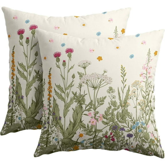 Spring Floral Pillow Covers 16x16 Inch Set of 2 Sage Green Herbs Yellow Flowers Botanical Decorative Throw Pillows Summer Leaves Pillow Cases Farmhouse Home Decor For Cushion Couch Sofa Outdoor