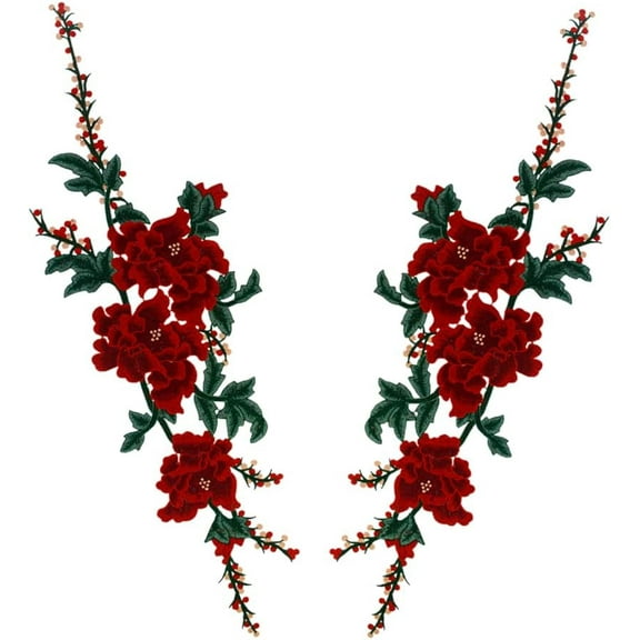 Red Flower Pair Patches Floral Embroidered Appliqué Patch Sew on Clothes Dress for Women Fashion Decorated Badges Embossed 1 pair