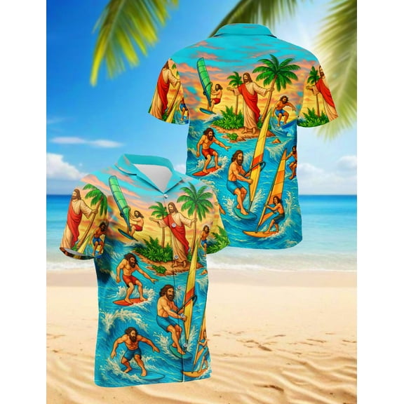 Funny Jesus Hawaiian Shirt for Men, Button Down Summer Beach Short Sleeve, S-5XL