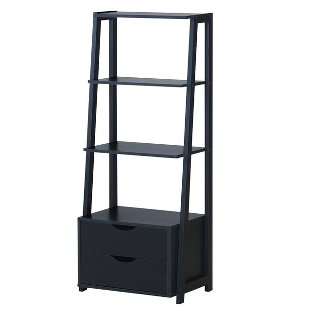Giantex Bookshelf Ladder Rack, 4 Tier Wood Storage Display Shelving, Storage Organizer w/Drawers, Bathroom Cabinet, Plant Flower Stand, Furniture Home Office(1)