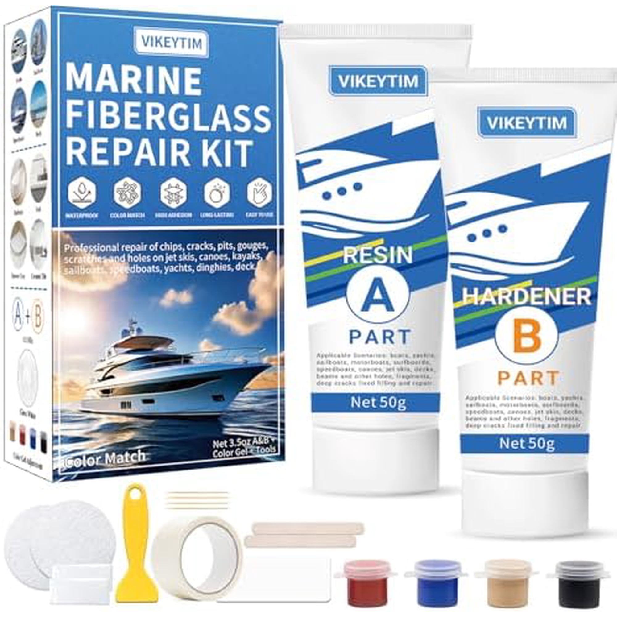 Marine Fiberglass Repair Kit (Color Match), 3.5oz/100g Gel Coat Repair Kit for Boats, Fiberglass Repair Fix Holes, Chips, Deep Cracks, Ceramic, Porcelain Fiberglass Filler$$Sport & Recreation Other