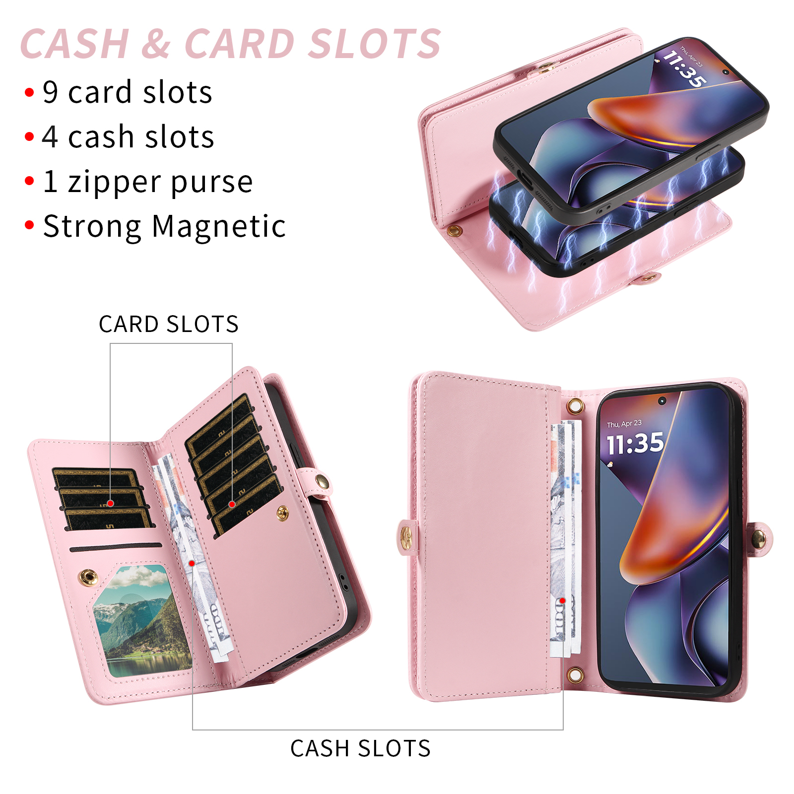 Asuwish Phone Case for Motorola Moto G 5G 2025 Zipper Wallet Detachable Cell Cover with Tempered Glass Screen Protector Crossbody Lanyard Strap Bling Glitter Flip Card Holder Slot G5G 5 G Women Pink