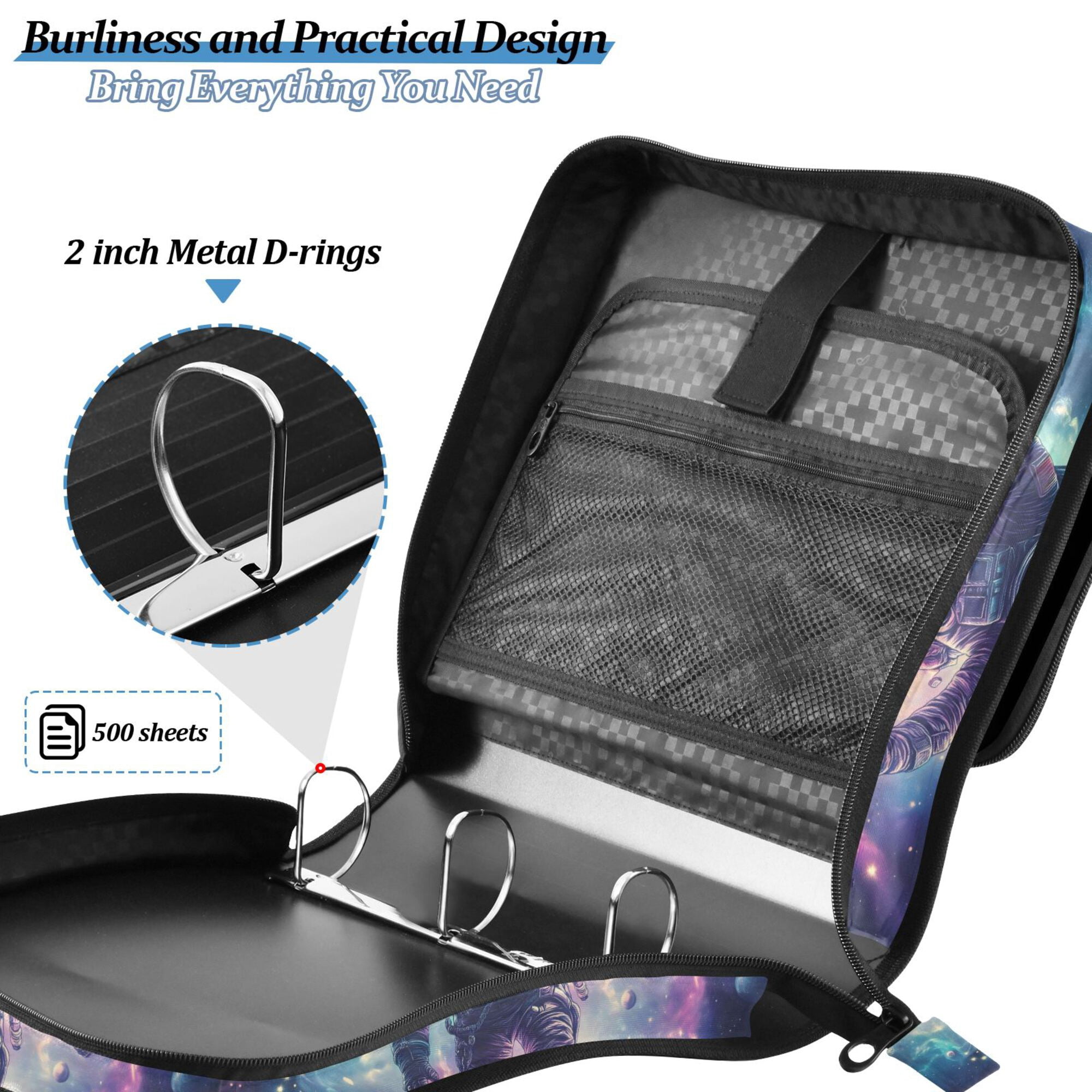 FORMRS Zipper Binder with Shoulder Strap 2-inch Ring 500 Sheet Capacity File Bag, Astronaut Pattern
