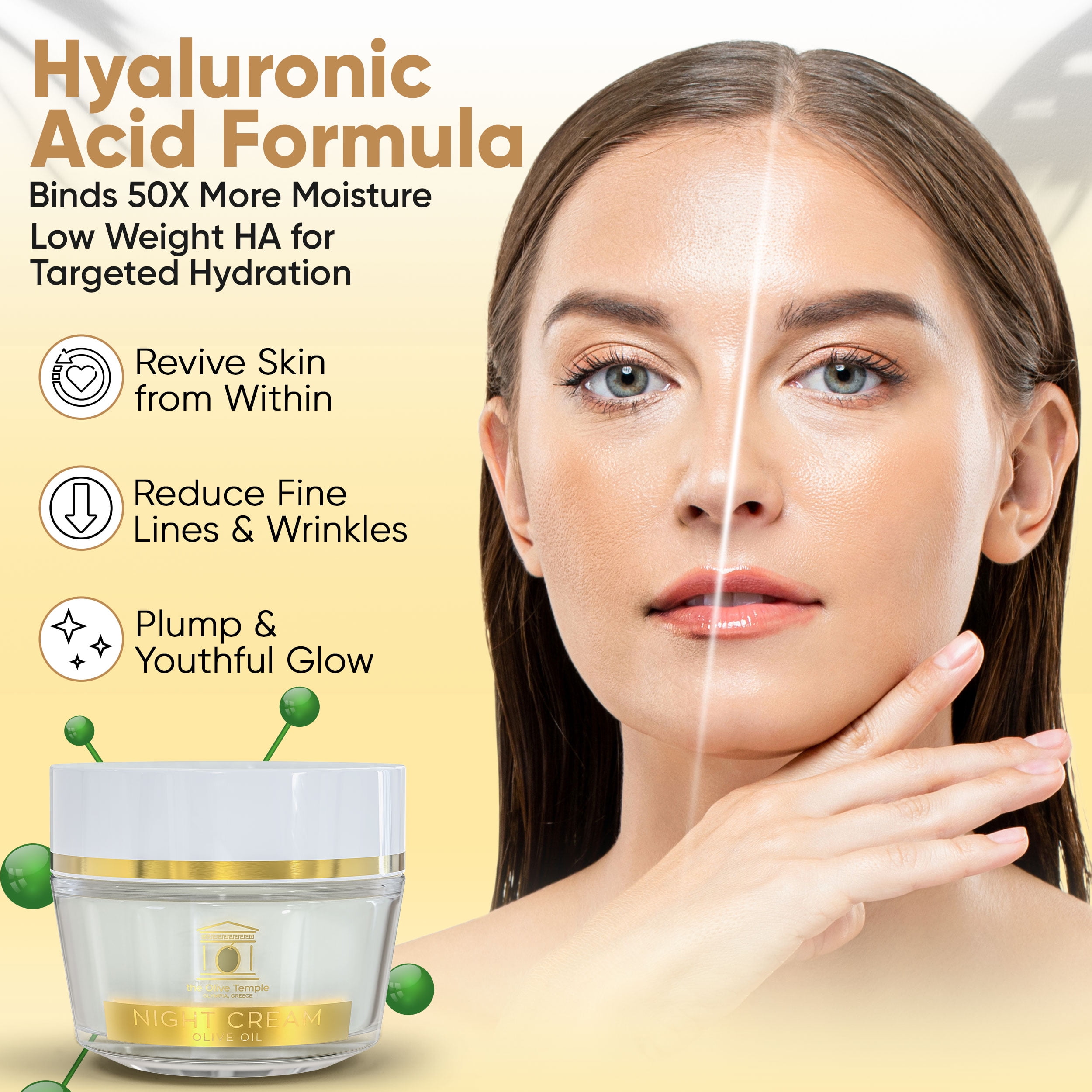 The Olive Temple Anti-Aging Night Facial Moisturizer Cream with Olive Oil, Pomegranate & Hyaluronic Acid, 1.7 fl oz