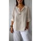 thumbnail image 4 of QUTETN Summer Linen V-Neck Shirt Top - 3/ 4 Roll-Up Sleeve Loose Solid Blouses Tunic Tops With Button for Women, 4 of 4
