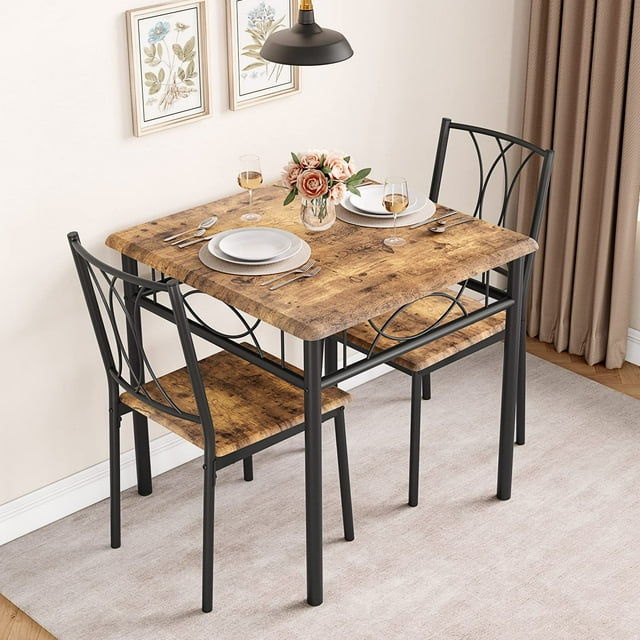 Dining Table Set for 2, Kitchen Table and Chairs, Square Dining Room Table Set with 2 Metal and Wood Chairs, 3 Piece Dining Table Set for Small Spaces, Apartment, Rustic Brown