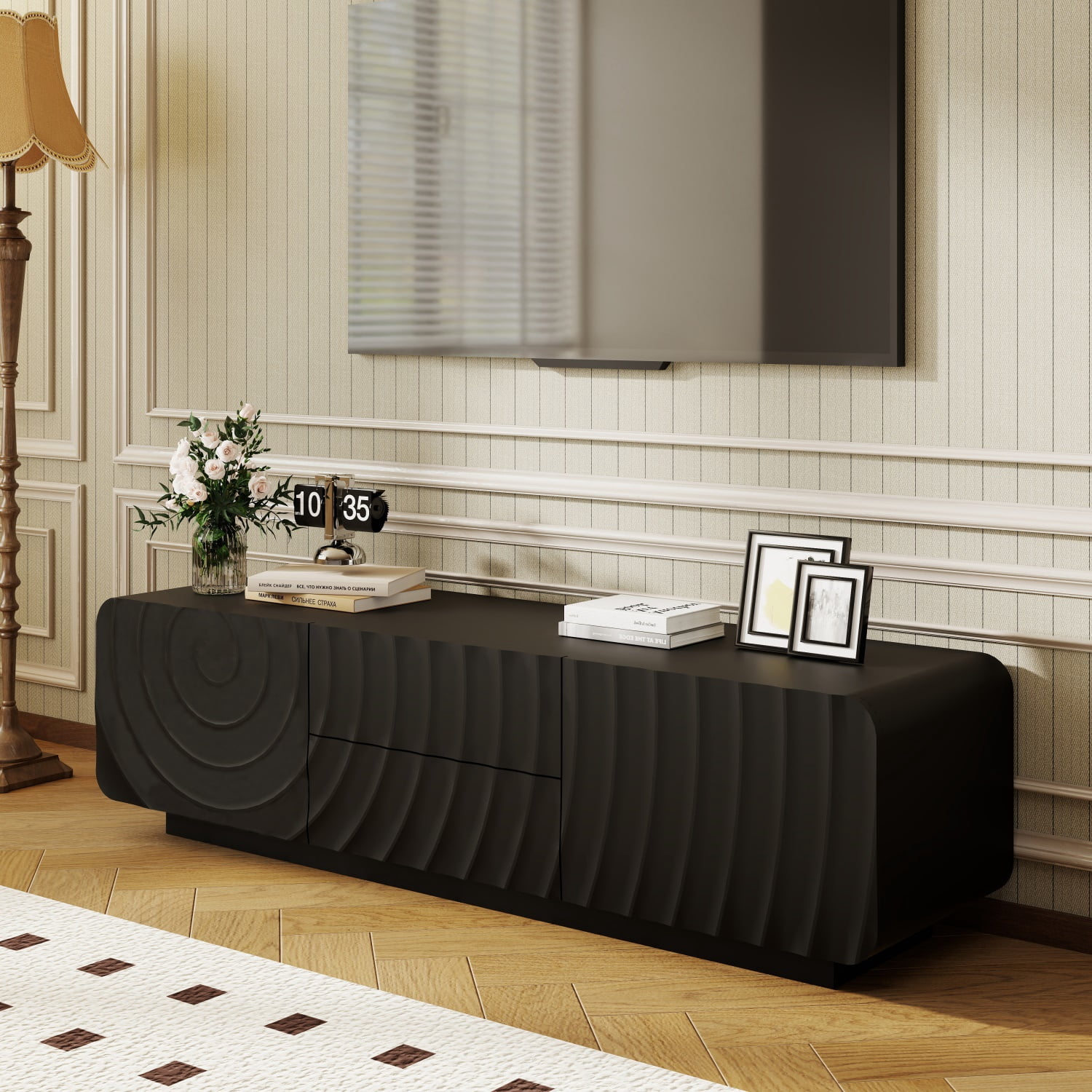 Hommoo 58" Modern Unique Spiral Wave Design TV Stand With Storage Cabinet And 2 Drawers, TV Console Entertainment Center for Living Room, Bedroom, Black