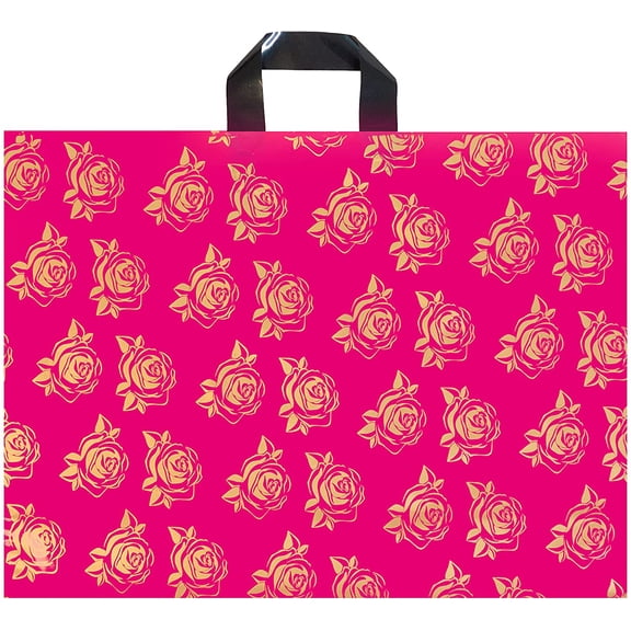 InfinitePack Large Golden Roses Pink 20"x15"(60pcs) Thank You Merchandise Bag with Loop Handle, Boutique Bag with 3" Bottom Gusset, Glossy Bag for Grocery, Shopping, Business, Clothing, Trade Shows