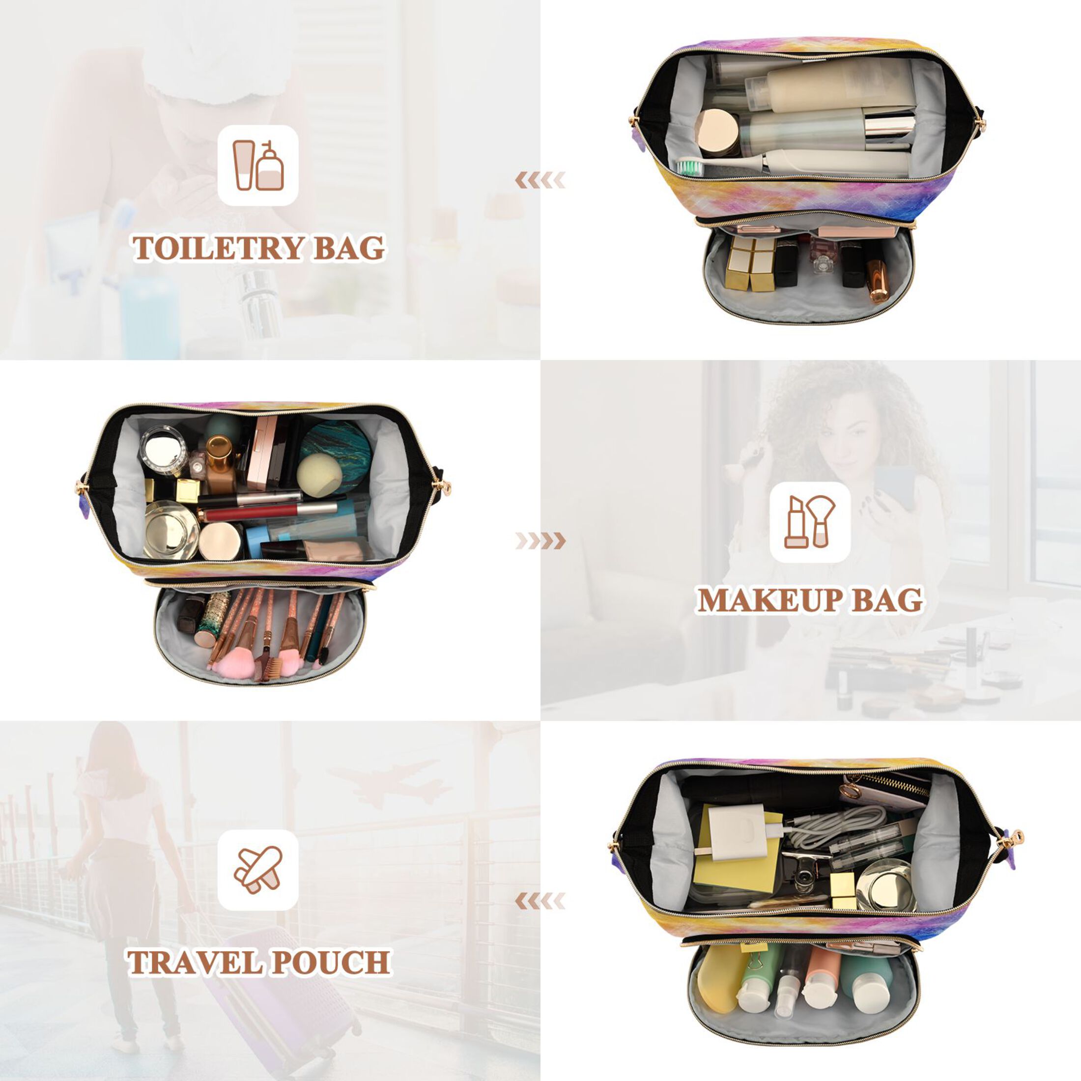 Wavy Quilted Cosmetic Bag Large-Capacity Travel Toiletry Organizer Includes 9-Piece Portable Travel Bottle Set Blue Purple Yellow Tie-dye