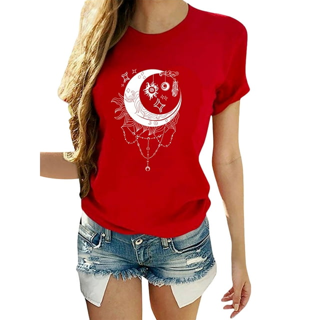 UKAP Ladies Tops Short Sleeve Tee Moon And Sun Printed T-Shirt Loose Fit Work Tunic Blouse Red L