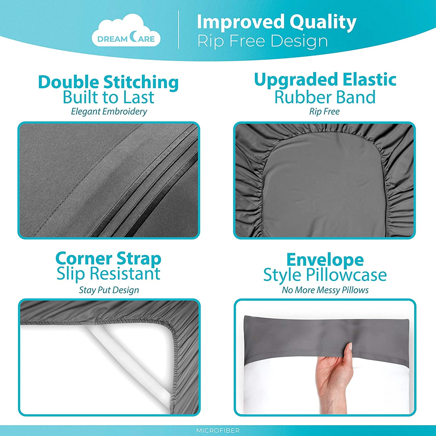 DREAMCARE - Bed Sheets Set - Full Size Sheet with Side Pocket - 4pcs Set, 15 inches, Gray