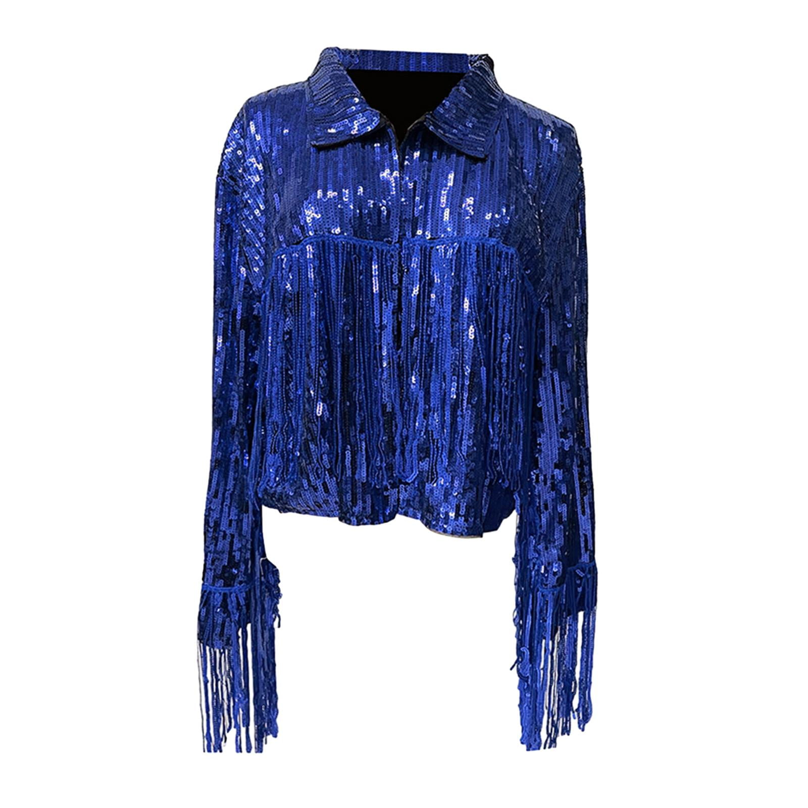 Sequin Fringe Jacket Open Front Cardigan for Casual Outdoor Music Festivals blue