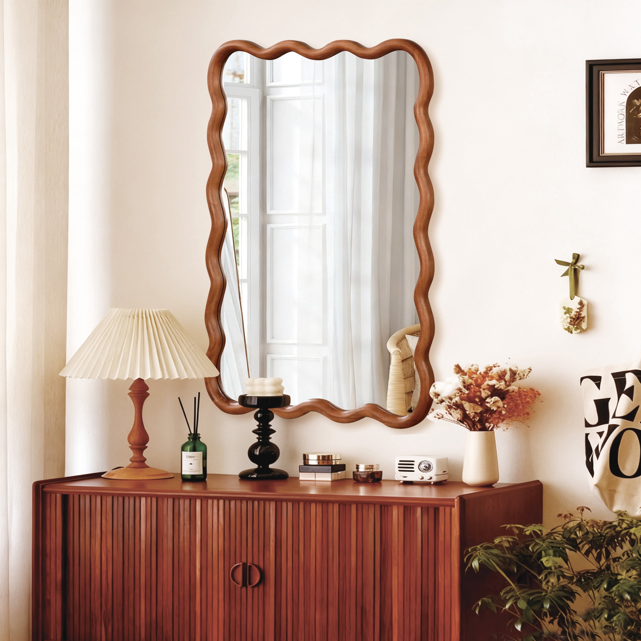 Noble House 30x40 Inch Wavy Rectangle Wall Mirror, Solid Wood Decorative Vanity Mirror, Yellow Brown