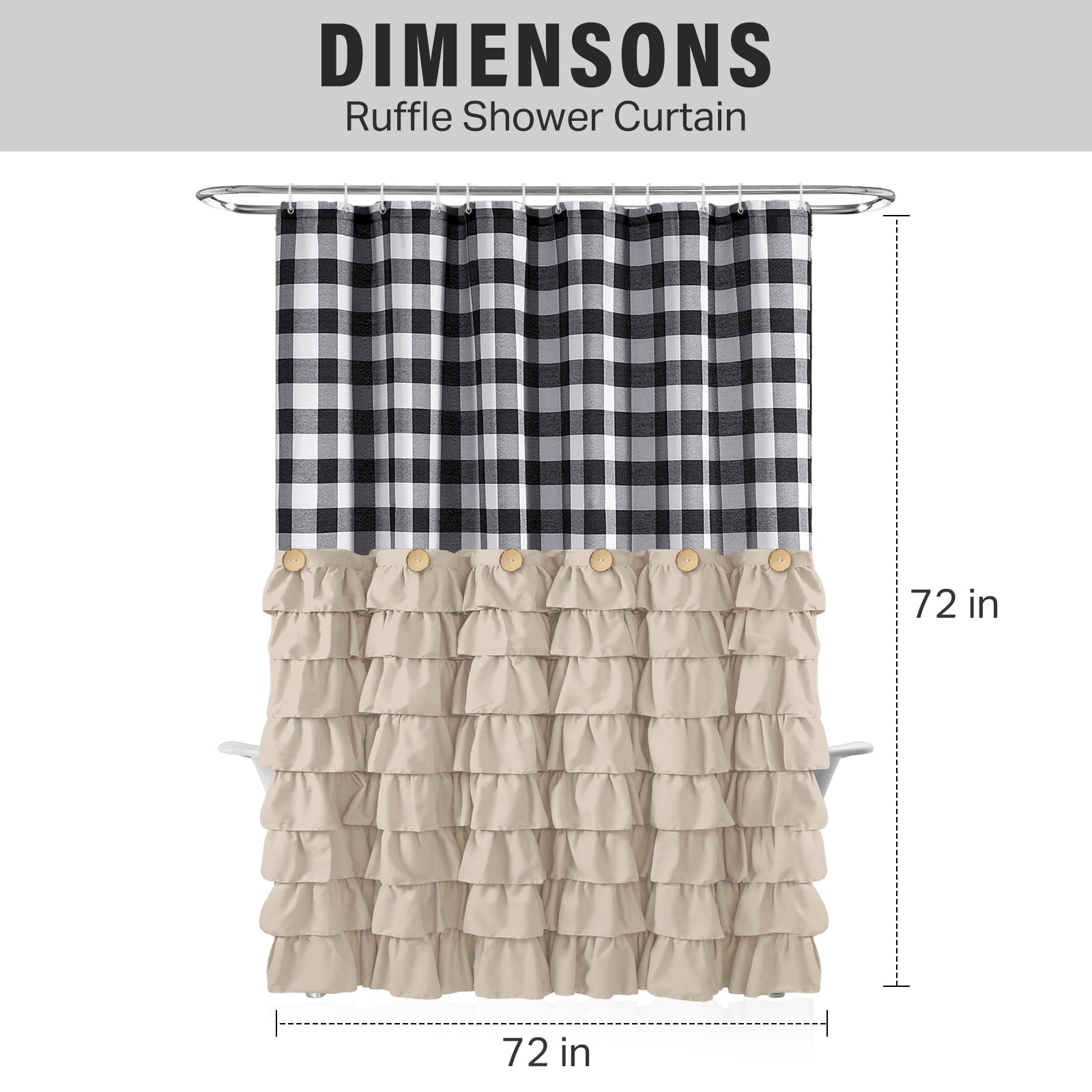 Farmhouse Shower Curtains Black and White Buffalo Plaid Pattern Fabric with Buttons & Brown Ruffles 72"x72"