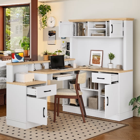 L-Shaped Computer Desk with Power Outlet and Drawers,  Modern Corner Desk with Bookshelf, L-Shaped Study Table Writing Desk, Corner Gaming Computer Desk with Storage for Home Office, White
