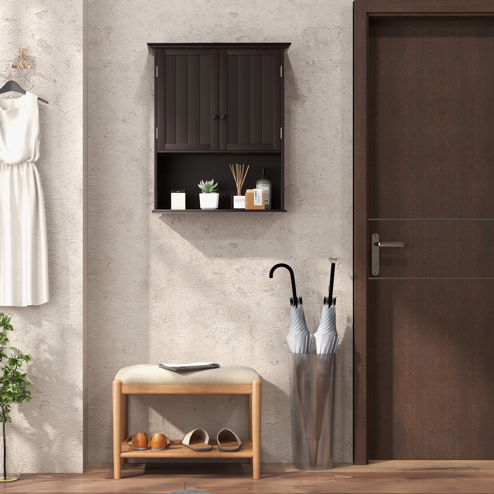 Topbuy Wall Mounted Bathroom Cabinet Double Door Medicine Cabinet Kitchen Cupboard w/ Open Compartment & Adjustable Shelf Espresso