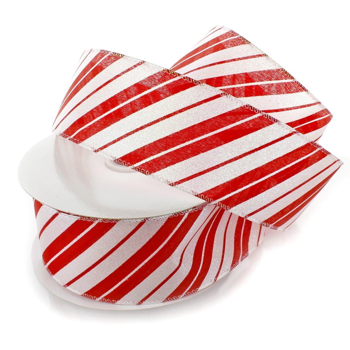 Candy cane stripe ribbon in red and white printed on 7/8 white single face  satin, 10 yards