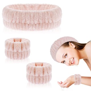 4 Pieces Spa Headband Wrist Washband Scrunchies Cuffs for Washing Face,  Towel Wristbands Hair Headband Face Wash Wristband for Women Girls Makeup  Prevent Liquids from Spilling Down Your Arms (Pink)