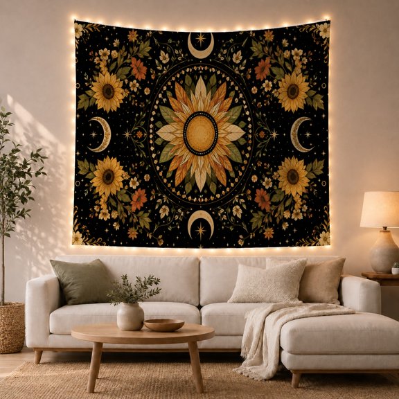 Large Sunflower Mandala with Celestial Moons on Black Background, Mystical Boho for Flower Lovers, Celestial Floral Wall Art, Housewarming Gift, Tapestry Wall Hanging for Living Room and Dorm