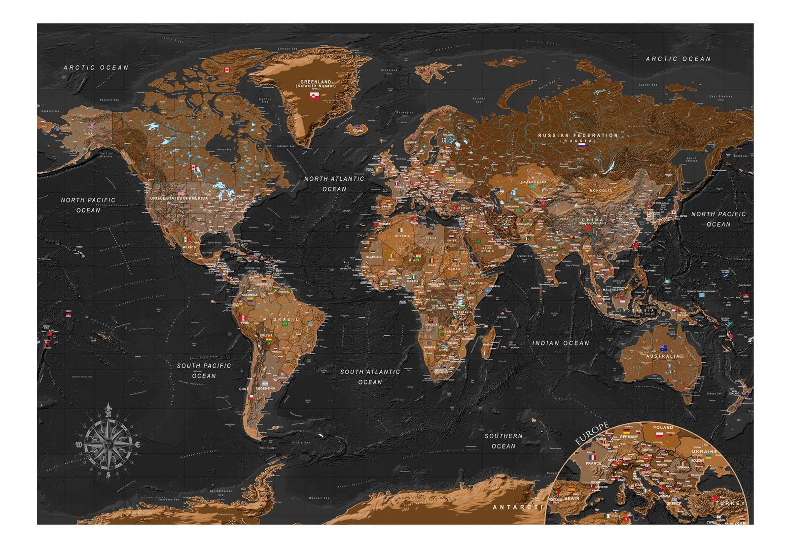 Tiptophomedecor Peel and Stick World Map  Wallpaper Wall Mural - World Map With Flags - Removable Wall Decals