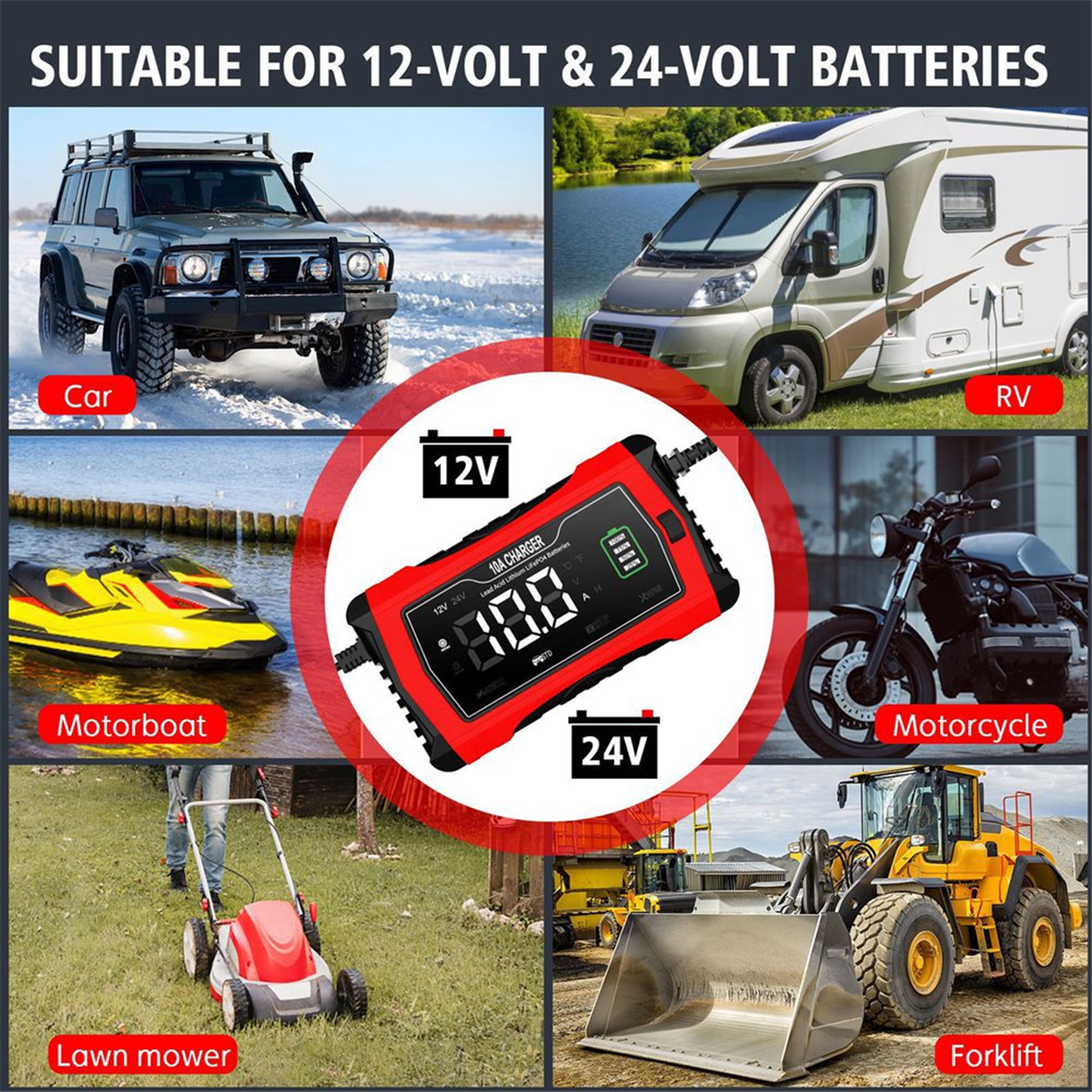 10A Automatic Charging for Lithium LiFePO4 GEL Lead-Acid Batteries 12V 24V Charger Car Battery Charger(US)