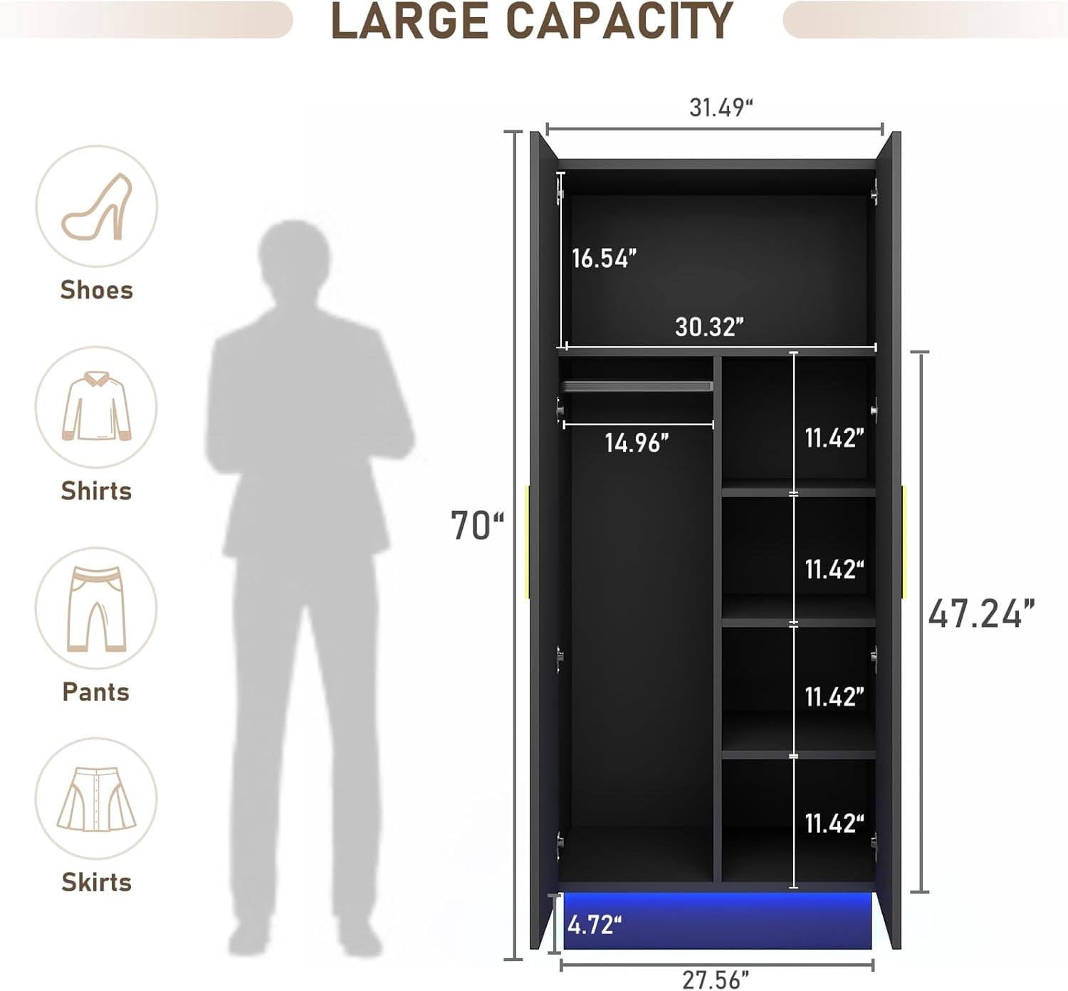 Blotout 70" Armoire Wardrobe Closet with LED Lights, Modern 2 Doors Adult Wood Closet Storage Cabinet with Hanging Rod&RGB LED 6000 Color Lights/5-Tier Storage Shelves