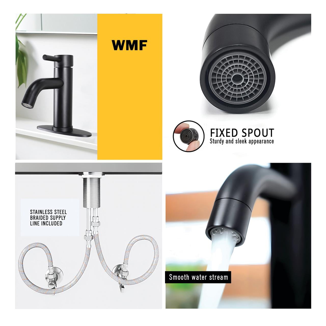 WMF WMF-4316MB-S Stainless Steel Black Single Handle Bathroom Sink Faucet