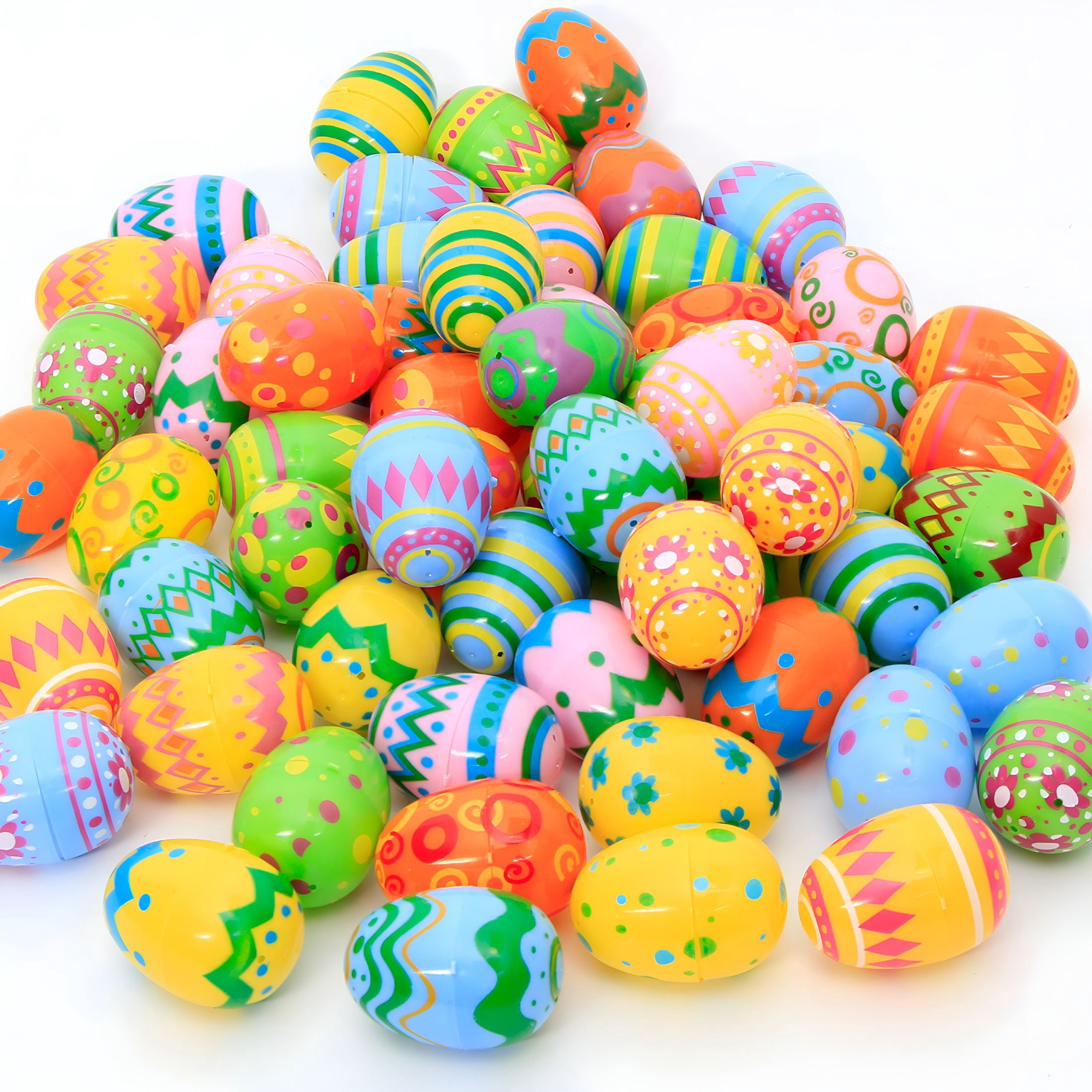 XIBUFE 2026 New 100 Pcs Plastic Printed Easter Eggs,2.3" Fillable Empty Easter Eggs for Easter Hunt,Basket Stuffers Fillers,Classroom Prize Supplies,Filling Treats and Party Favor