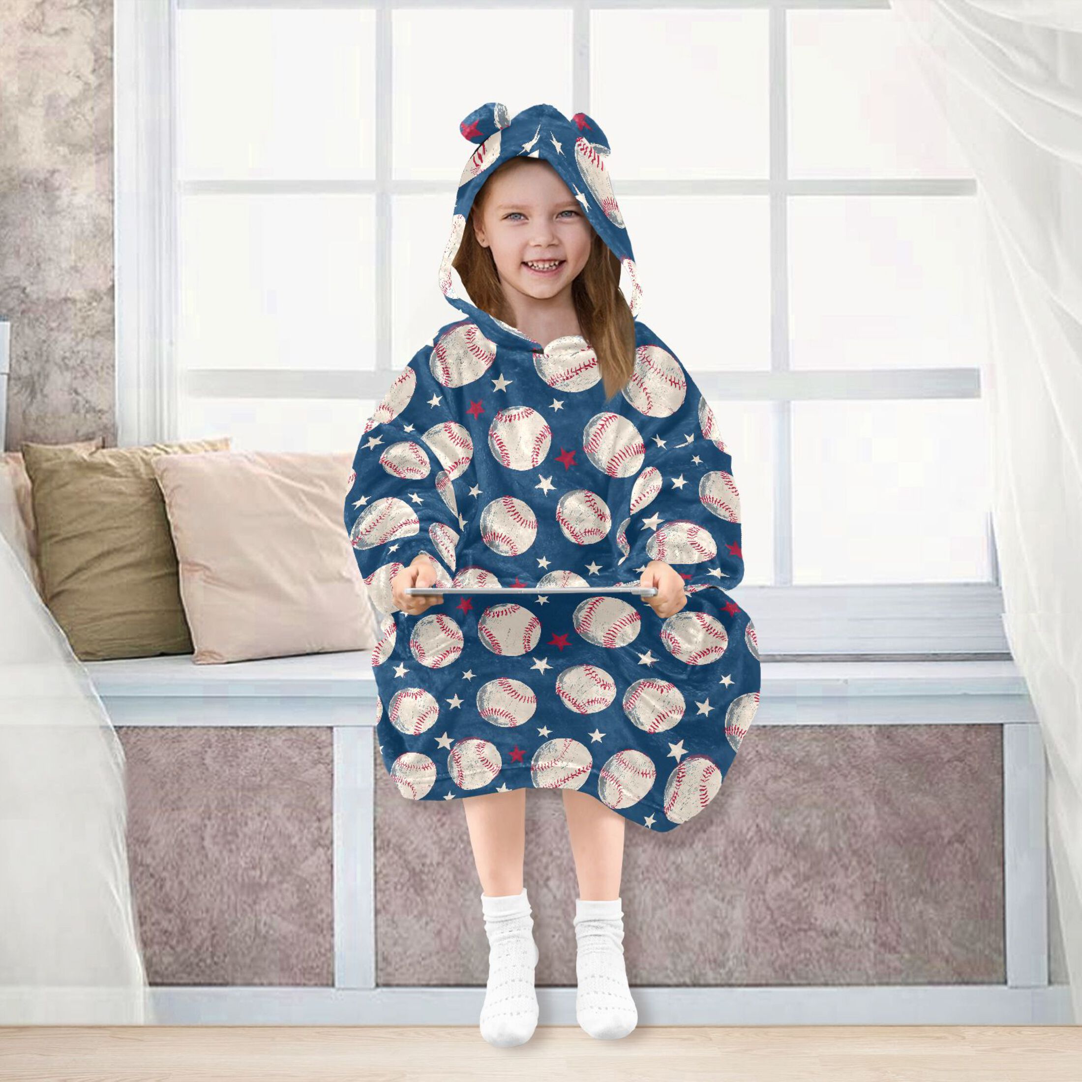 Wearable Blanket Hoodie for Kids Baseball Flannel Hooded Blanket with Pockets and Sleeves Suitable for Boys and Girls