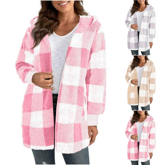 Flannel Plaid Jackets for Womens Fashion Plus Size Hooded Long Sleeved Loose Cardigan Coat