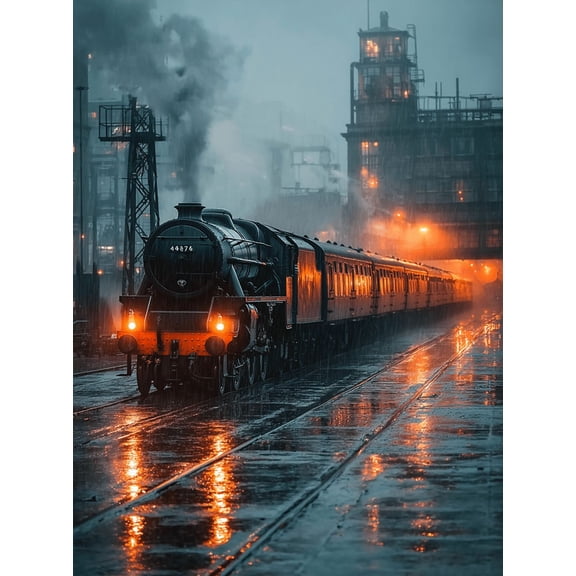 Foggy Night Railway Steam Train Canvas Wall Art, Modern Home Decor Canvas Print for Living Room Bedroom