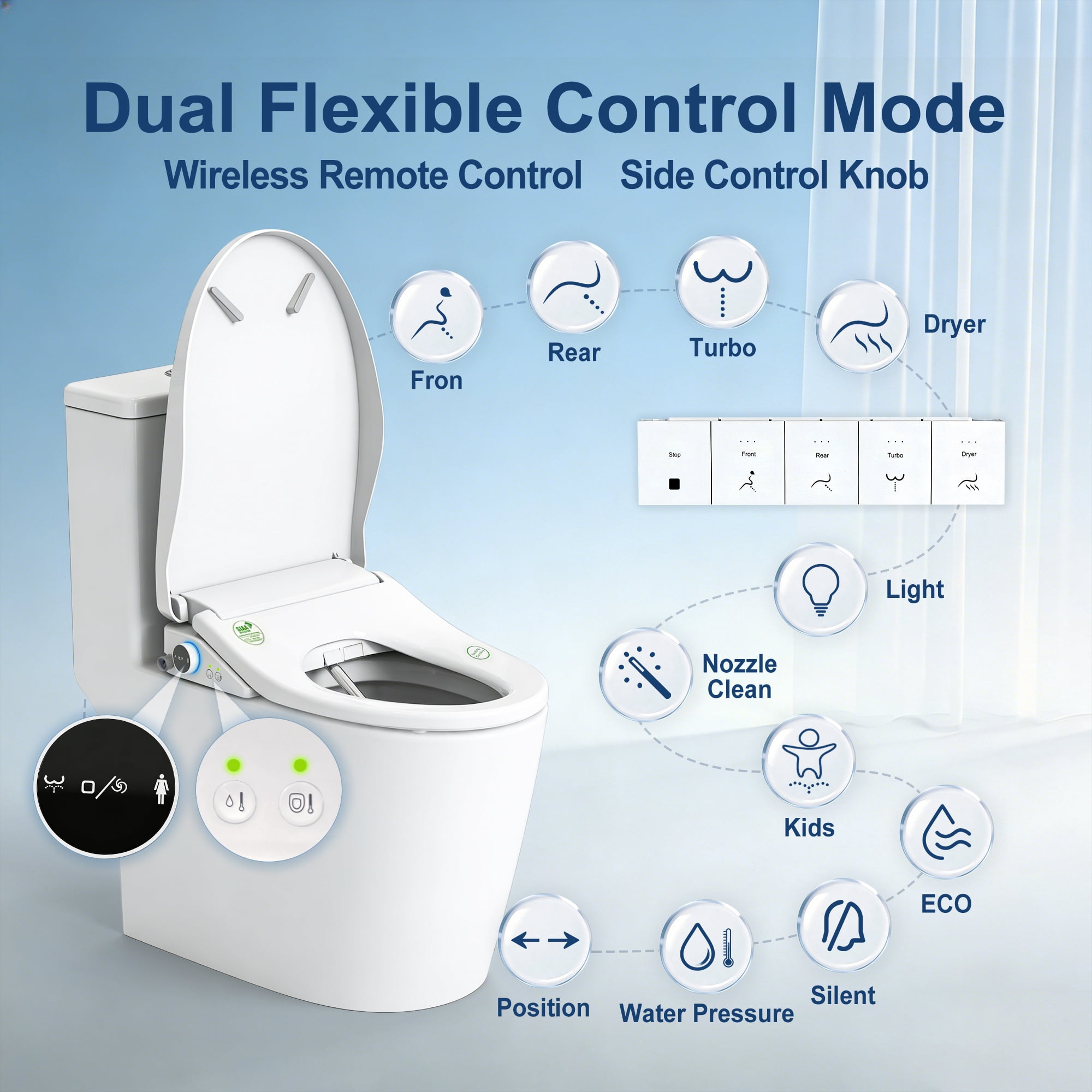 WHALLULTRA Elongated Bidet Toilet Seat with Remote Control, Heated Seat Smart Toilet Seat, Instant Warm Water, Stainless Steel Nozzle, White