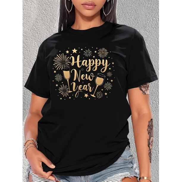 Playera Deportiva Manga Corta Mujer Dry-FitWomen'S Polyester Crew Neck T-Shirt, Casual Style, Medium Stretch Knit Fabric, with Happy New Year Champagne Graphic, Fireworks and Stars Print, for Spring